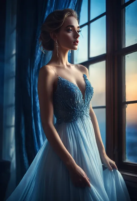 closeup shot, woman in a dress standing in front of a window, a picture by Marie Bashkirtseff, shutterstock, romanticism, half-turned lady in evening gown, flowing gown, wearing a flowing dress, mysterious woman, haunting beautiful young woman, wearing a w...