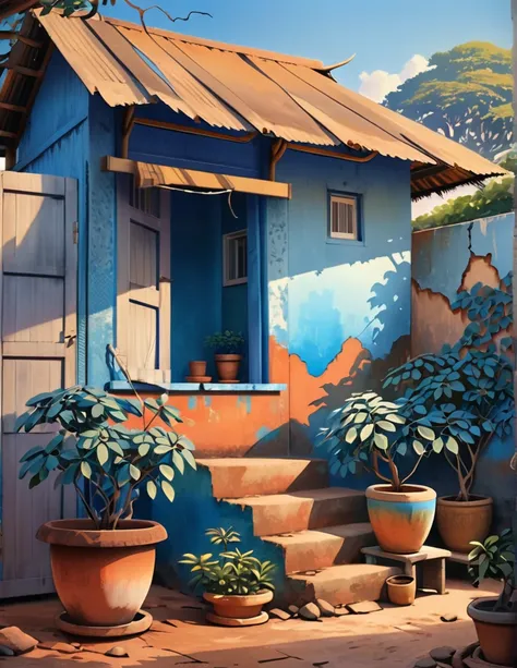 wide view, indian hut, cracked walls, blue faded paint, stairs, banyan tree outside, blue pinkish sky, evening time, earthy tone...