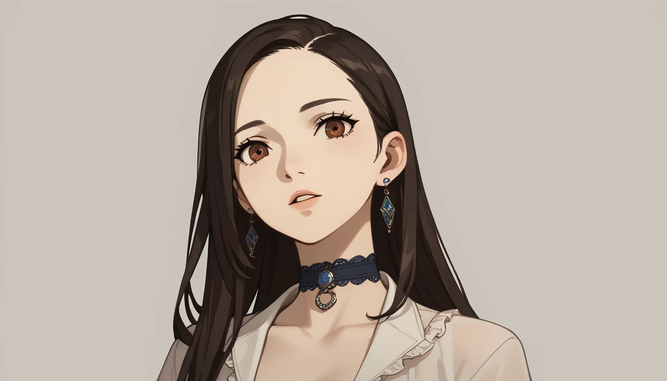 "(best qualityer, Masterpiece artwork:1.2) | eye detailed:1.2 1 woman (dinamic angle, point of view, long hair) choker, chemise, open sweatshirt, earrings in ear, finely detailled, Masterpiece artwork."