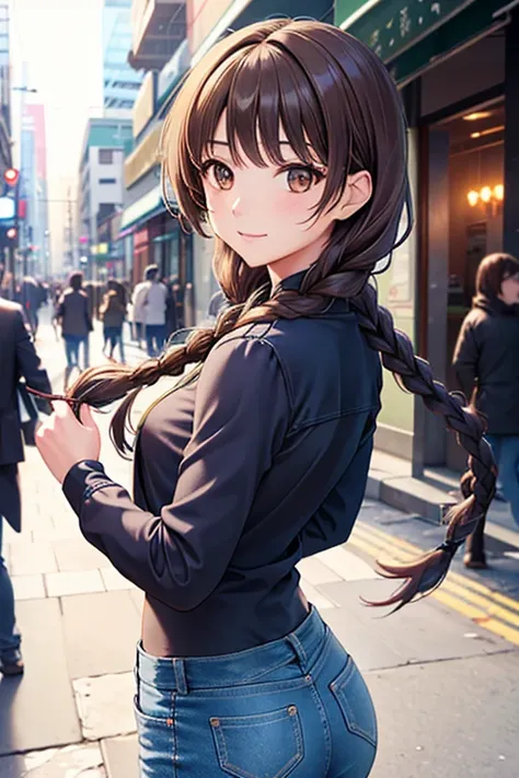 yuno shimazu、shiny brown hair,long hair,  、((2 braids:1.5、hair that falls over the shoulders)),beautiful brown eyes、sparkling ey...