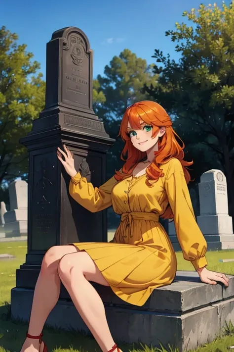 Perfect face. Perfect hands. An orange haired woman with green eyes and an hourglass figure in a cute yellow dress is sitting on a tombstone while  smiling in a cemetery