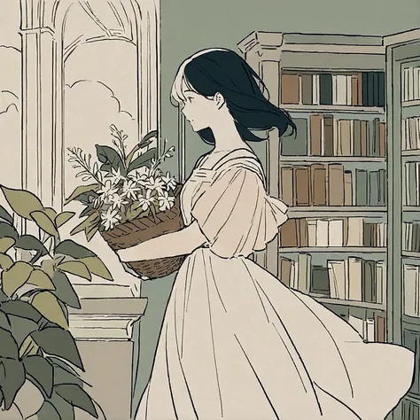 A woman in a white dress, carrying a basket of flowers. Flat color, chic, soft atmosphere, faint light, plants. Simple and beautiful color scheme. Swaying in the wind, summer, antique bookstore, vintage.