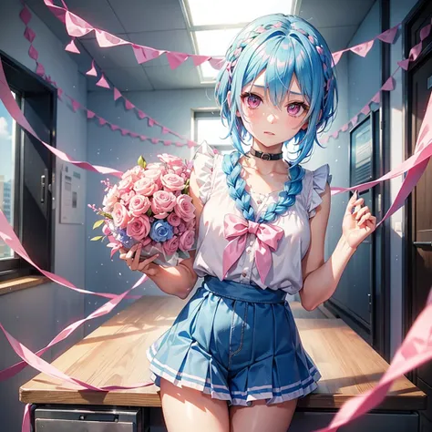 (Sky blue hair),(Braided Short Hair), (Pink Eyes),Fair skin) ,(whole body),(one person&#39;s),(Embarrassing),(The background is a school classroom),(Heart lettering written on a blackboard),(Heart-shaped chocolate),(I will pass it forward with both hands.)...