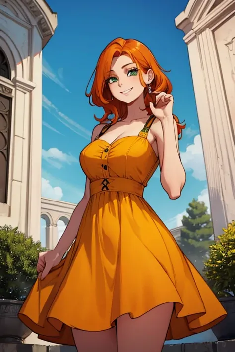 Perfect face. Perfect hands. An orange haired woman with green eyes and an hourglass figure in a cute yellow dress is exploring a mausoleum while smiling in a cemetery
