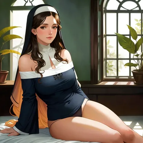 (photorealism:1.2), beautiful nun, sitting on bed, wearing loose off-shoulder top, deep neckline, pajama lowered panties, long curly hair, indoors, soft lighting, plants in background, window with sunlight, cozy room, flirting pose, realistic, intricate de...