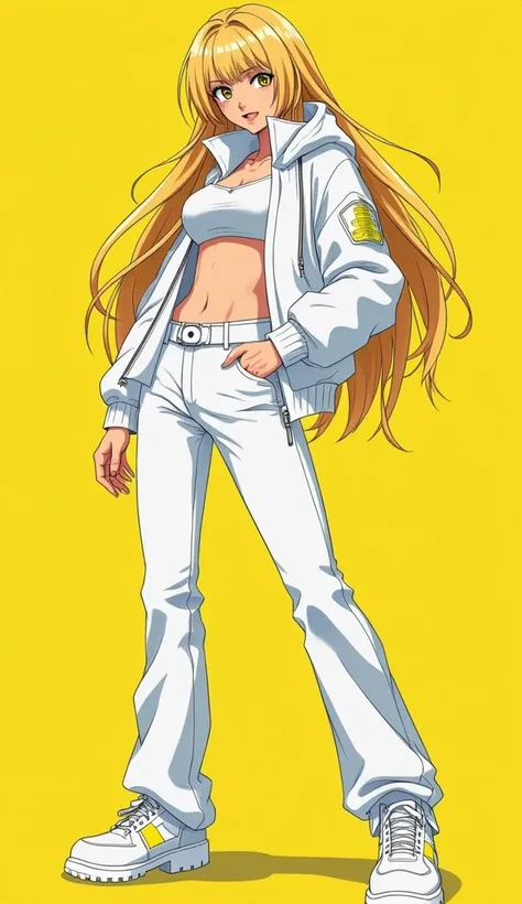 a full body anime style illustration of a woman with blond long hair, in a dynamic pose wearing white techwear outfit in the style of akihiko yoshida, futuristic cyberpunk, inspired by ghost in the shell, 90s manga aesthetic, expressive face, yellow backgr...