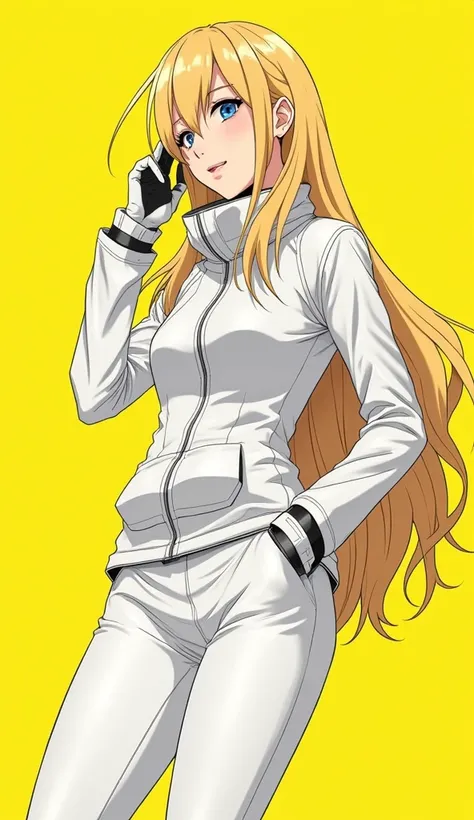 a full body anime style illustration of a woman with blond long hair, in a dynamic pose wearing white techwear outfit in the style of akihiko yoshida, futuristic cyberpunk, inspired by ghost in the shell, 90s manga aesthetic, expressive face, yellow backgr...