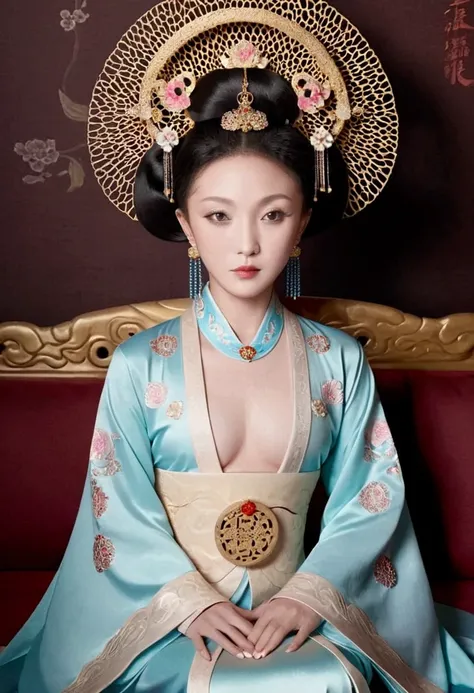 A gorgeous empress from the Chinese imperial court during the Qing Dynasty, fully naked on a large golden sofa, spreading one&#39;s legs open wide with knees bent,creating the shape of the letter M（Porn Pose） A gorgeous Chinese imperial empress with her ha...