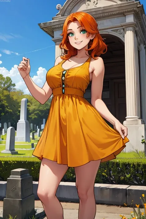 Perfect face. Perfect hands. An orange haired woman with green eyes and an hourglass figure in a cute yellow dress is exploring a mausoleum while smiling in a cemetery