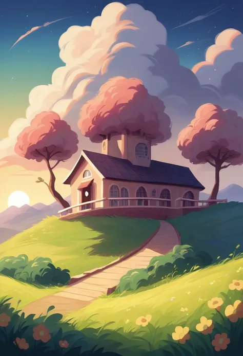 A peaceful countryside scene at sunset, with vibrant colors filling the sky. The sun is setting over distant mountains, casting an orange and pink glow on the clouds. A cozy stone house with a balcony overlooks the valley below, filled with lush green fiel...