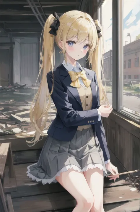 (Highest quality,4K,High resolution,masterpiece:1.2),Very detailed,Realistic:1.37,とてもbeautiful girl,Very cute blazer uniform,Wearing white stockings,Blonde,Blonde Hair,Long twin tails,Watching the audience,high school、Dilapidated school building、I&#39;m in...