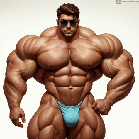 brutalmass, Bulge, vpl, a very handsome young man, sunglasses, shirtless, exaggeratedly muscular, on a white background