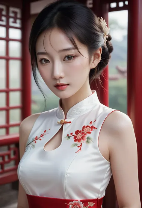 Close-up of a woman in a white dress posing for a photo, A photorealistic painting inspired by Dai Xi, Trends in CG society, fantastic realism, cheongsam, Chinese style, chinese dress, beautiful chinese model, wearing a red cheongsam, Chinese woman, Chines...