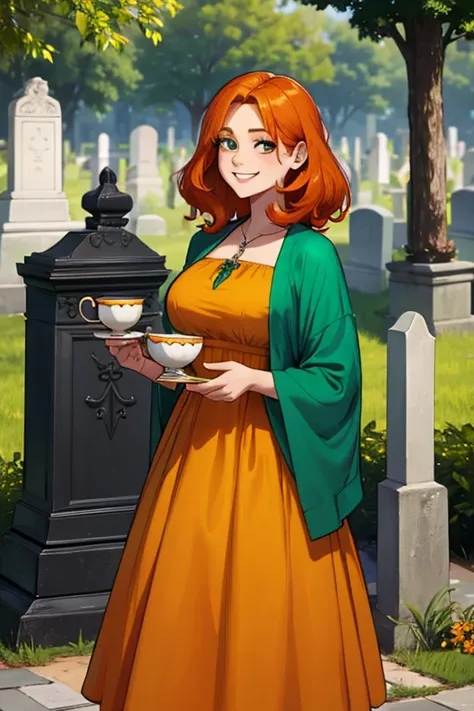 Perfect face. Perfect hands. An orange haired woman with green eyes and an hourglass figure in a cute yellow dress is drinking tea while smiling in a cemetery