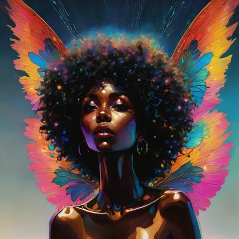 Beautiful black faerie in the Sahara oasis, flapping her wings in the falling rain. Full twinkling afro with led lights enmeshed in the hair. Chris Ofili, Jackson Pollock, J. C. Leyendecker, Glowing Iridescent voluminous wings gossamer on Olympus, spray pa...