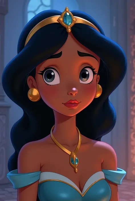 Capture a moment of deep contemplation by painting a full-body portrait of Jasmine, the princess of the kingdom of Agrabah in Aladdin. Her expression should be a mixture of curiosity and a hint of unease, as if she is deeply questioning reality and her pla...