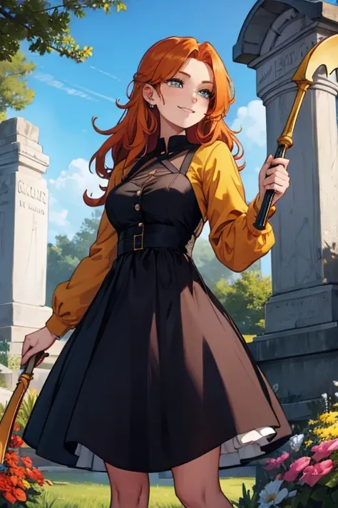 Perfect face. Perfect hands. An orange haired woman with green eyes and an hourglass figure in a cute yellow dress is spinning a scythe while smiling in a cemetery