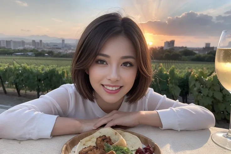 （Realistic:1.1）,(masterpiece,Highest quality)，8k,(49 years old), 53 years old, ベリーslimボディ、slimカップル、Tight waist,Upper Body,full-course dinner、wine 、Amazing view of the sunset sky and clouds、Perfect Anatomy, Brown Hair, short hair,Random Hairstyles,((Highly ...