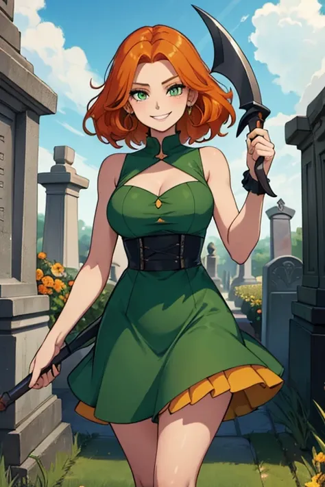 Perfect face. Perfect hands. An orange haired woman with green eyes and an hourglass figure in a cute yellow dress is spinning a scythe while smiling in a cemetery