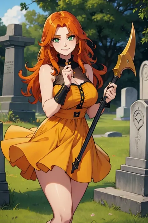 Perfect face. Perfect hands. An orange haired woman with green eyes and an hourglass figure in a cute yellow dress is spinning a scythe while smiling in a cemetery