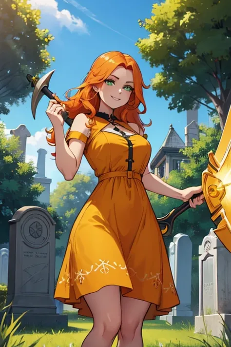 Perfect face. Perfect hands. An orange haired woman with green eyes and an hourglass figure in a cute yellow dress is spinning a scythe while smiling in a cemetery