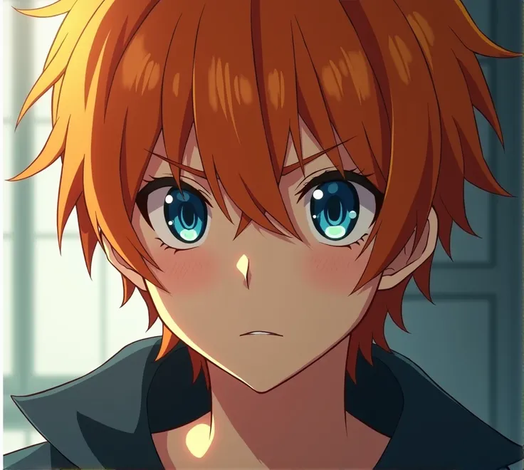 boy, orange hair, Beautiful, anime art, masterpiece, beautiful body, Blue eyes eyes, Close-up, eyes are open, Died