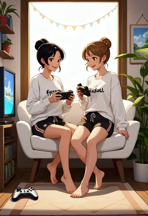 Name "FREENBECKY FALLING 2GETHER
#IDOLGameCasterEP13" in a fun and colorful 3d font to An idyllic and fun anime style image of two beautiful young women in anime style; one with light brown hair tied in a bun, delicate British features, dressed in light pa...