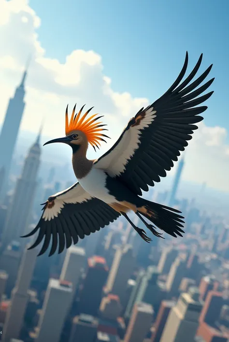 A giant hoopoe flying in the sky with a city in the back