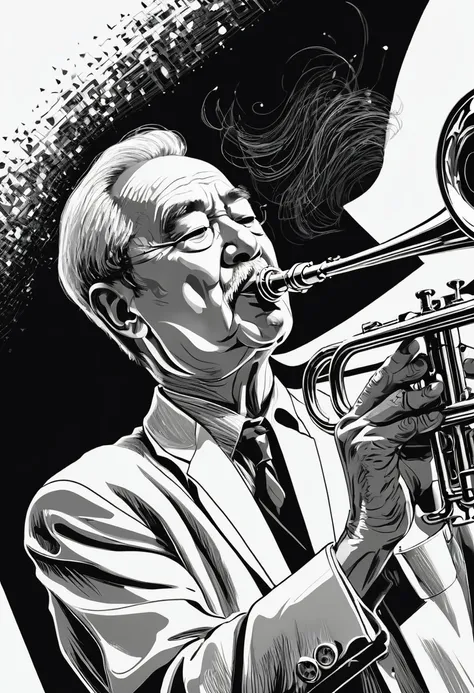 black and white､line art､,detailed angle(low angle,canted angle),upper body,man,elderiy,jazz　art,trumpet､playing､indoor､dim