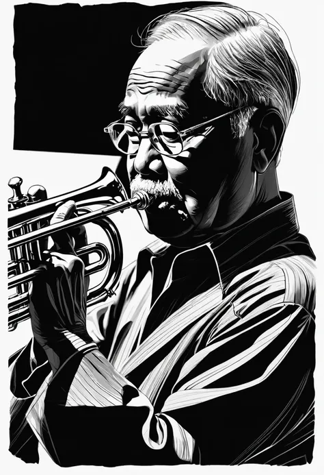 black and white､line art､,detailed angle(low angle,canted angle),upper body,man,elderiy,jazz　art,trumpet､playing､indoor､dim