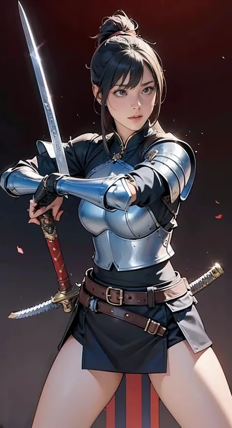 A female warrior wielding swords in both hands, leather armor. Sexy