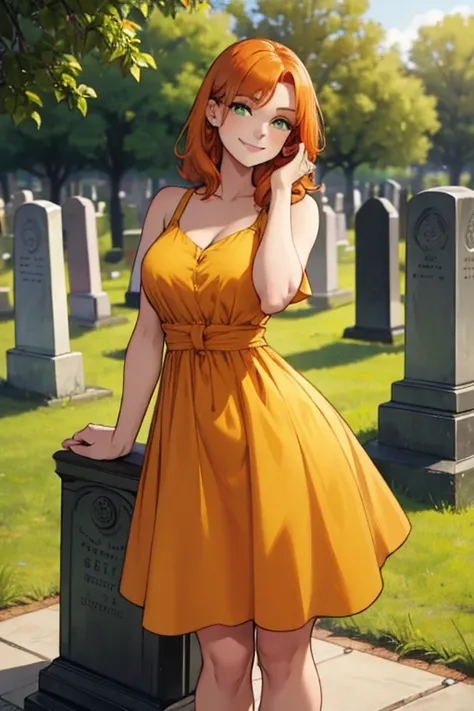 Perfect face. Perfect hands. An orange haired woman with green eyes and an hourglass figure in a cute yellow dress is leaning forward while smiling in a cemetery