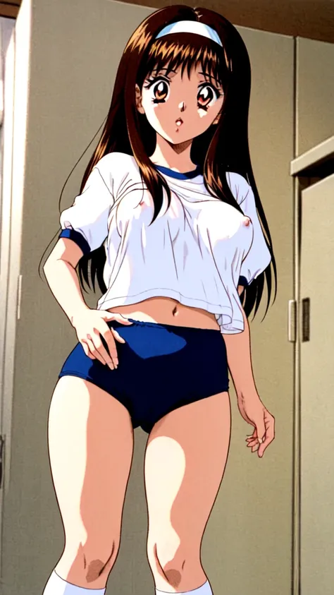 Yuuki Mizuho, One person, alone, Long Hair, hair band, Brown Hair, (gym uniform,(blue brown:1.2), (white shirt, short sleeves:1.2), thighs:1.3),(navel:1.3),(cameltoe:1.1),large breasts,(puffy nipples:1.2), Its not a leotard., Open your mouth, blush, Lips p...