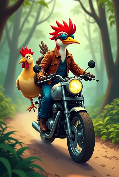 Draw woodpecker character , pull chicken, riding a motorcycle