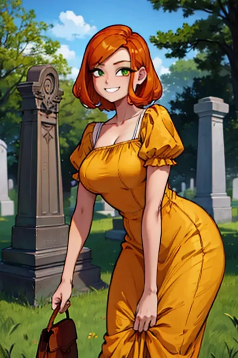 Perfect face. Perfect hands. An orange haired woman with green eyes and an hourglass figure in a cute yellow dress is leaning forward while smiling in a cemetery