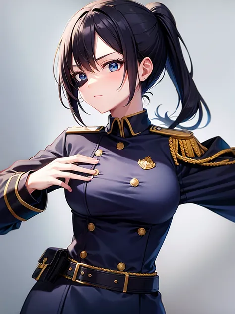 1girl, low ponytail, black hair, black eye, eye patch, medium breasts, military uniform, blue uniform, upper body, no background, no expression,