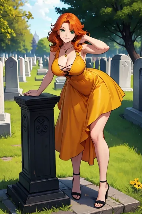 Perfect face. Perfect hands. An orange haired woman with green eyes and an hourglass figure in a cute yellow dress is leaning forward while smiling in a cemetery