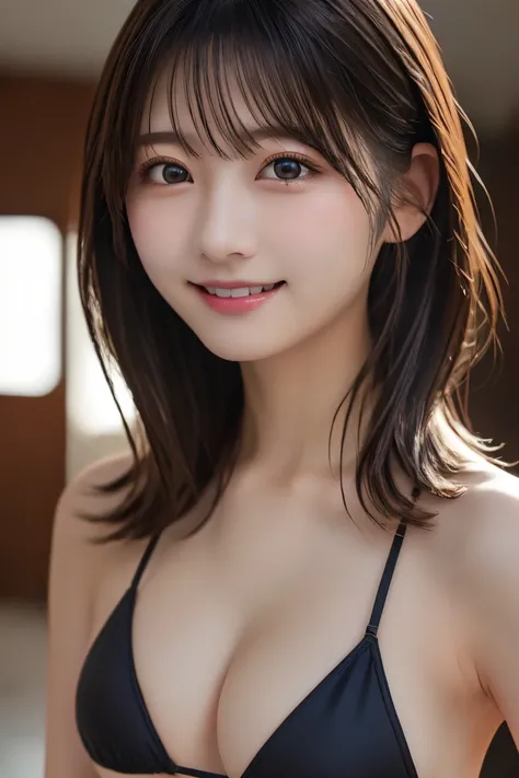 8K highest quality, (beautiful)、beautiful女性、Precision Eyes、Brown Hair、Black Micro Bikini、Looking into the camera、Large breasts、Medium Hair、smile、indoor、Upper Body