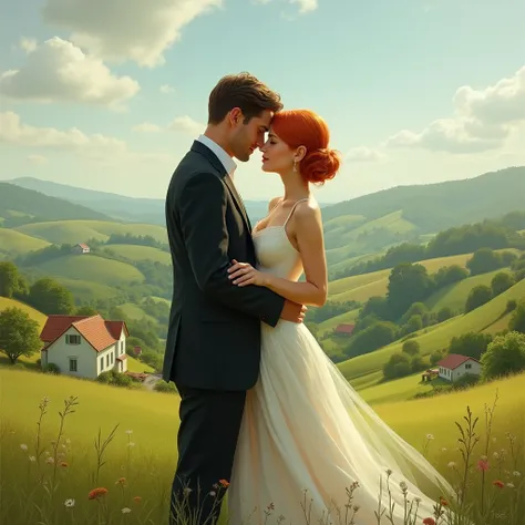 Countryside, lovers, a couple, a man in a suit, a woman with very short red hair, realistic, photo realistic, precise, masterpiece