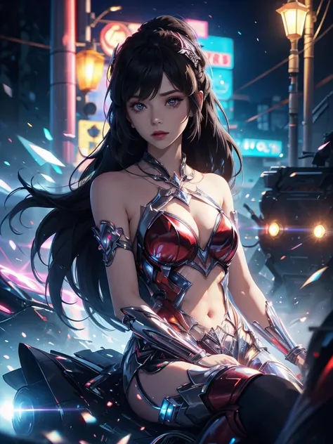 4k ultra hd, masterpiece, high details, a girl, cute face, detailed eyes, long hair, detailed lips, medium breasts, red lights on dress, Cyberpunk red dress, red neon lights connected on dress, neon breasts, bare waist, red electric current effect, glowing...