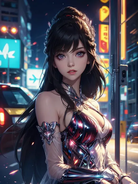 4k ultra hd, masterpiece, high details, a girl, cute face, detailed eyes, long hair, detailed lips, medium breasts, red lights on dress, Cyberpunk red dress, red neon lights connected on dress, neon breasts, bare waist, red electric current effect, glowing...