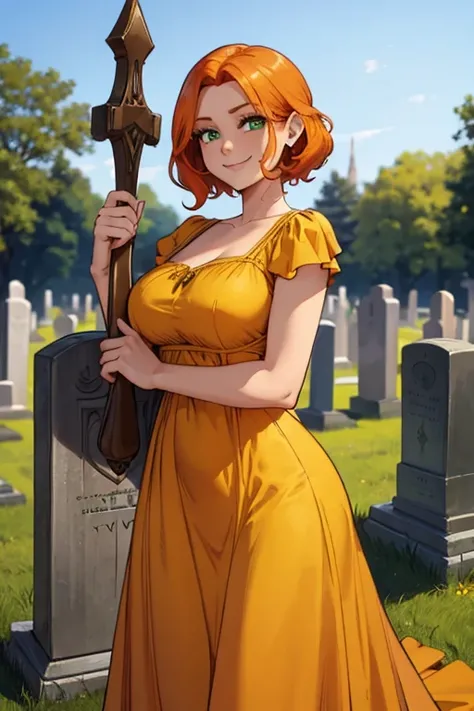 Perfect face. Perfect hands. An orange haired woman with green eyes and an hourglass figure in a cute yellow dress is cleaning a tombstone while smiling in a cemetery