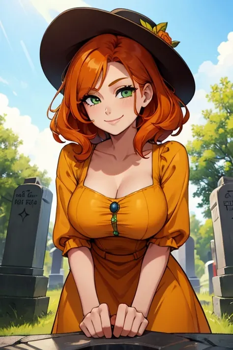 Perfect face. Perfect hands. An orange haired woman with green eyes and an hourglass figure in a cute yellow dress is cleaning a tombstone while smiling in a cemetery