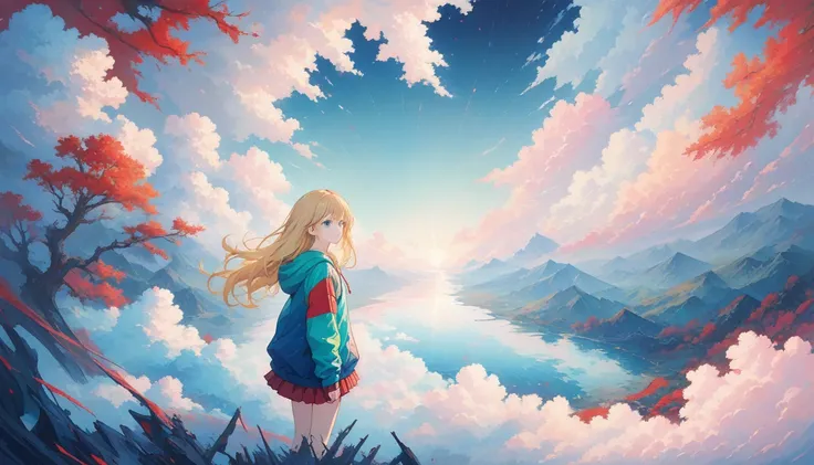 masterpiece, (beautiful and aesthetic:1.5), surrealism, highly detailed, anime, a side view painting of 1girl, wearing multicolored hoodie, blonde long hair, green eyes, red and dark blue color pallet, hard brush, gradient binary code effect, minimalist lo...