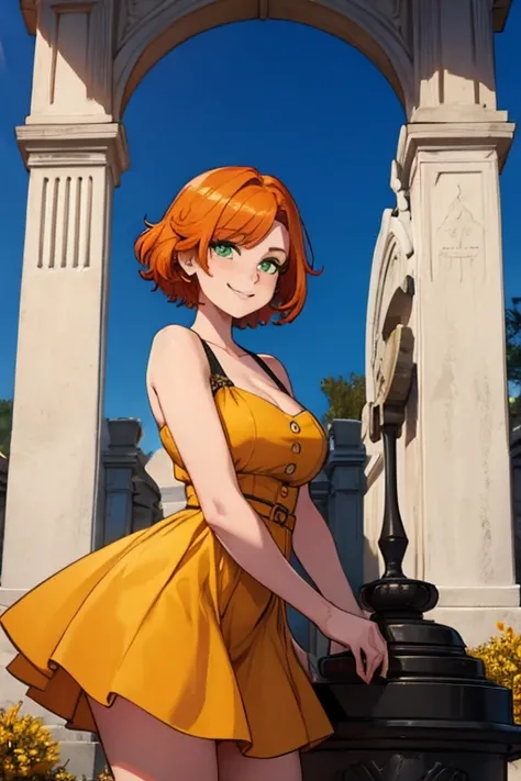 Perfect face. Perfect hands. An orange haired woman with green eyes and an hourglass figure in a cute yellow dress is cleaning a tombstone while smiling in a cemetery