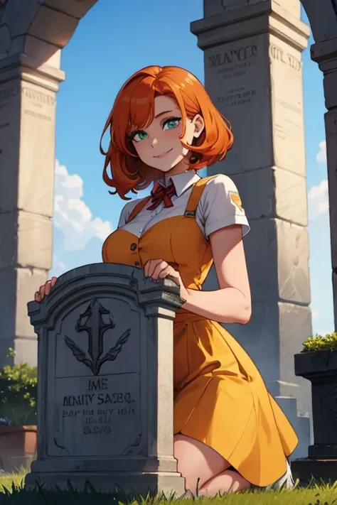 Perfect face. Perfect hands. An orange haired woman with green eyes and an hourglass figure in a cute yellow dress is cleaning a tombstone while smiling in a cemetery