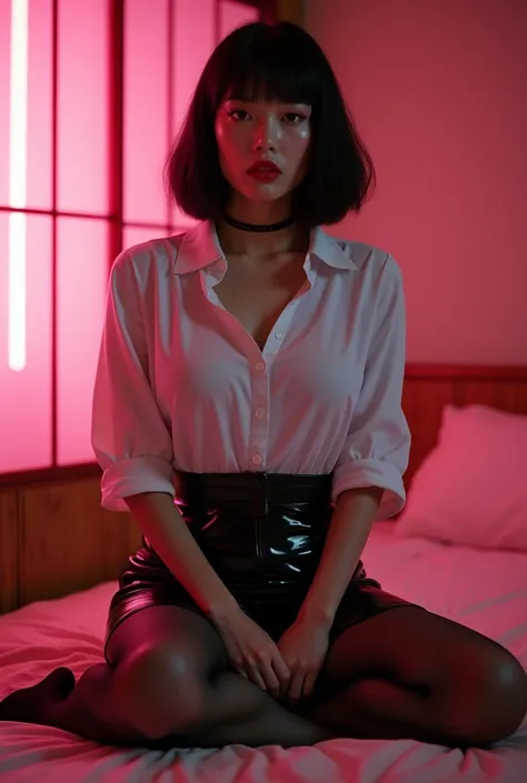 ((Japanese 90s sexy idol))　35 talents　((Plump, bright red lips with lipstick))　round face　Big Breasts　Plump　((Black Bob Hair))　((Looking into the camera))　Sit with your legs apart　((White button-up shirt with black patent leather tight skirt and black stoc...