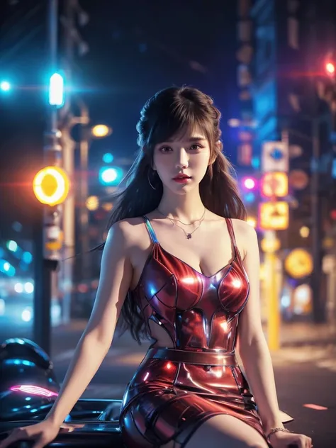 4k ultra hd, masterpiece, high details, a girl, cute face, detailed eyes, long hair, detailed lips, medium breasts, red lights on dress, Cyberpunk red dress, red neon lights connected on dress, neon breasts, bare waist, red electric current effect, glowing...