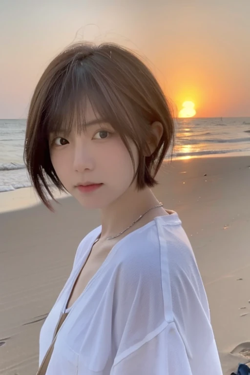 1 japanese woman, short hair, wearing white shirt, short denim, at beach, sunset, A forlorn expression