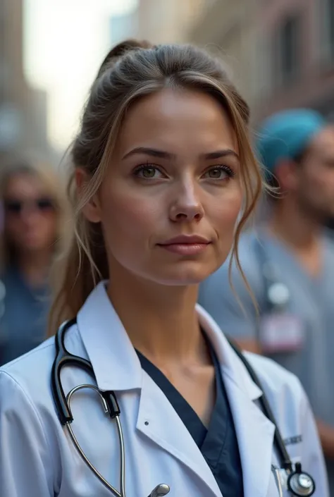 An adult white female veterinarian with hair tied up and an activist fighting for animals